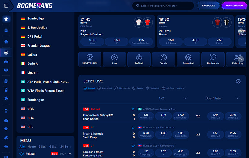 Die BoomerangBet Sportwetten Homepage.