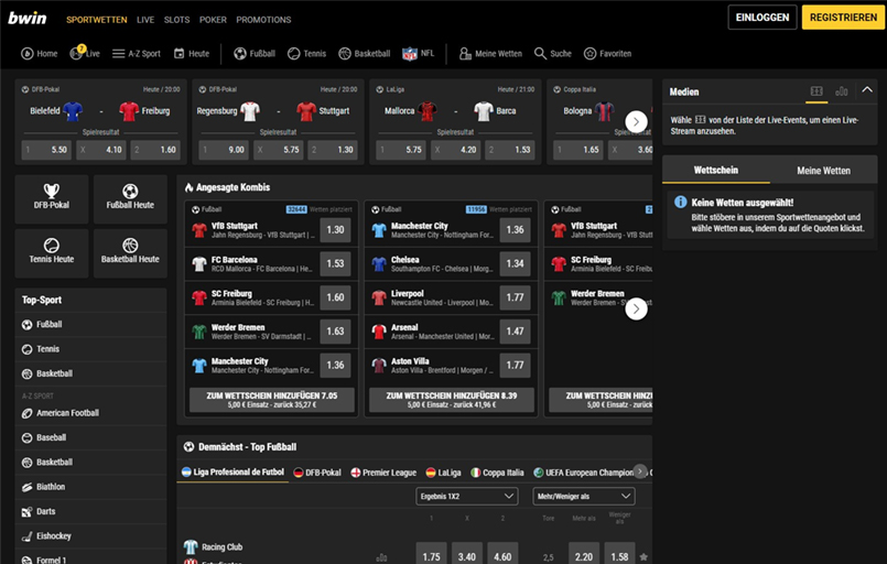 Die bwin Sportwetten Homepage.