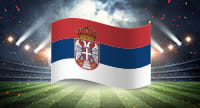 Die Flagge von Serbien und im Hintergrund ein Stadion.